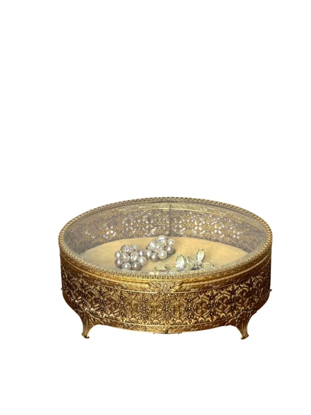 Vintage Hollywood Regency style brass filigree jewelry box with beveled glass to